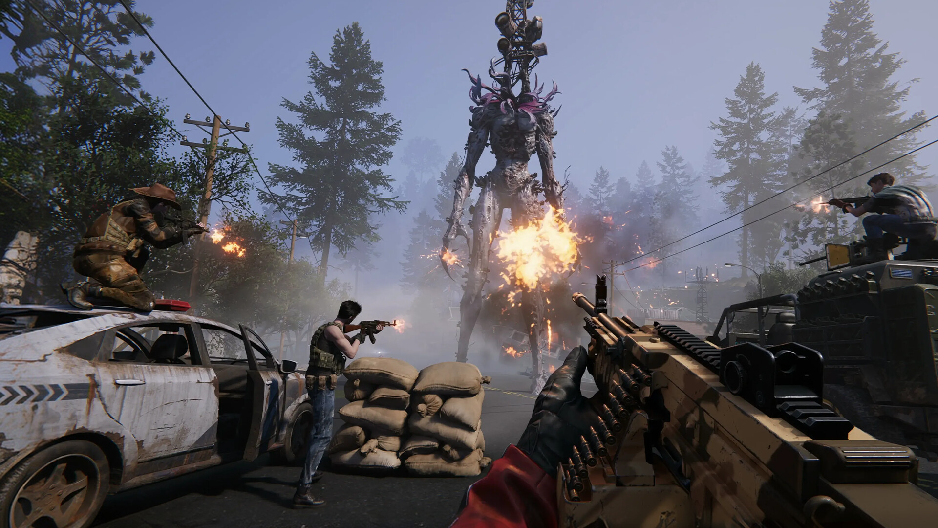 Once Human screenshot: a squad exchanging gunfire with a towering Deviation boss from behind sandbag cover