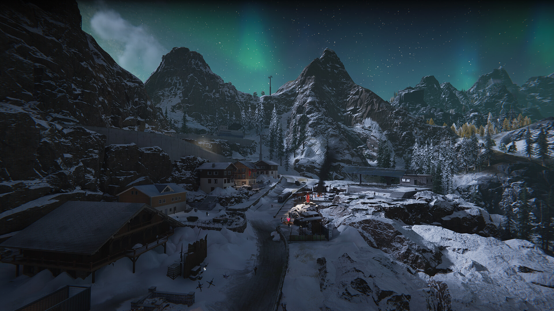 Once Human screenshot: a snow-covered mountain settlement under an aurora-lit night sky