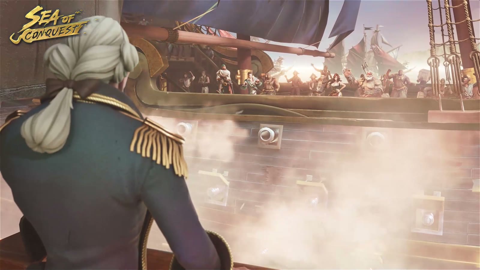 Sea of Conquest official trailer still: two ships trading cannon fire at close range during a broadside battle
