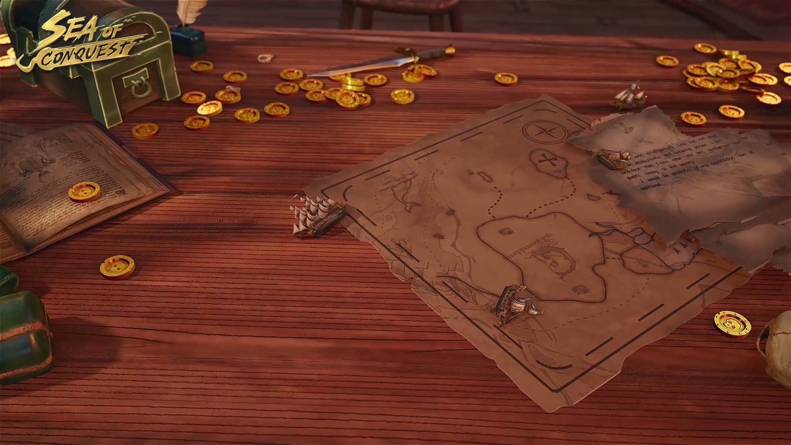 Sea of Conquest official trailer still: a torn treasure map spread across a captain's table, surrounded by scattered gold coins